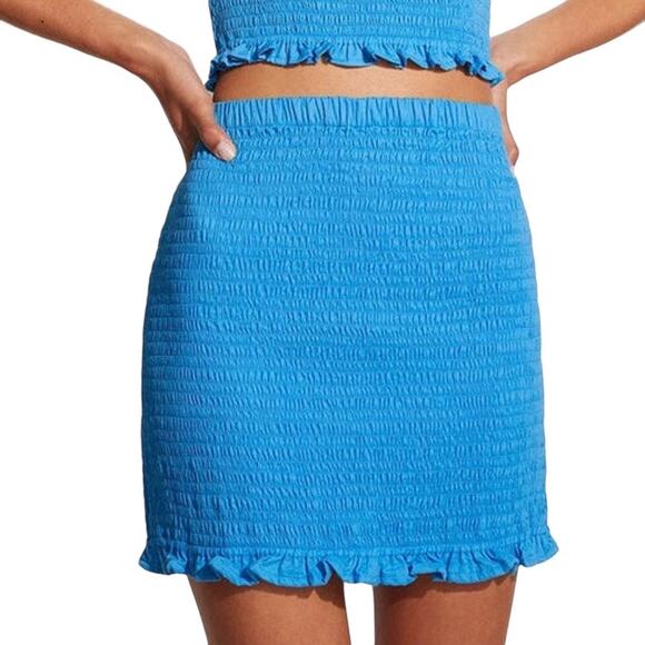 Faithfull the Brand Esti Shirred Frill Hem Mini Skirt in Turquoise Blue 2/XS NWT - Picture 1 of 11